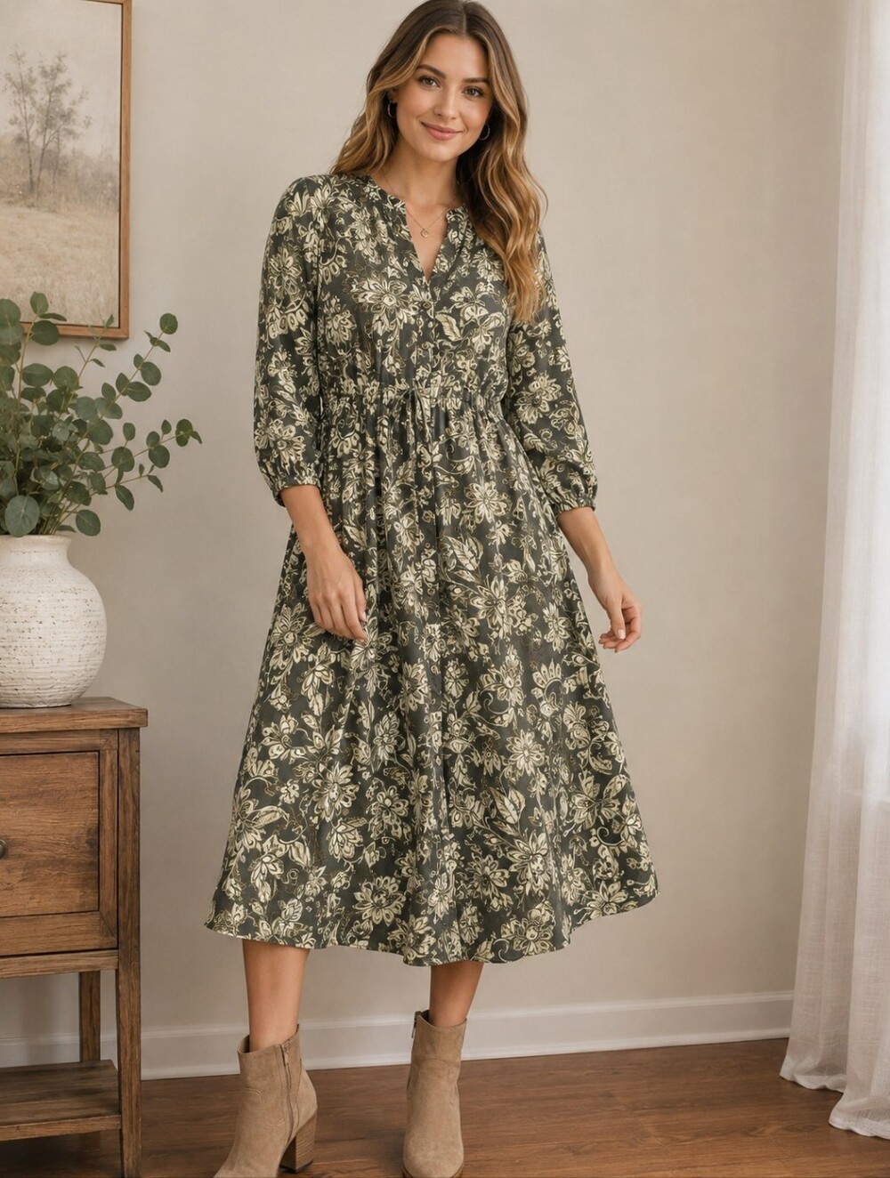 Harlow & Rose Floral Midi Dress Button Front 3/4 Sleeve, Side Tie Waist Large